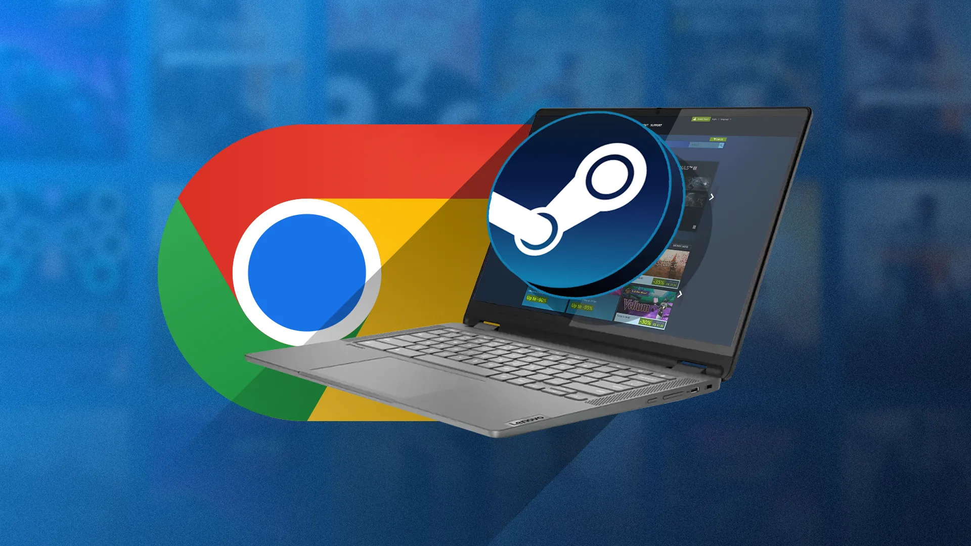 Một chiếc Chromebook hiển thị Steam đang mở, với logo Steam và logo Chrome bên cạnh.