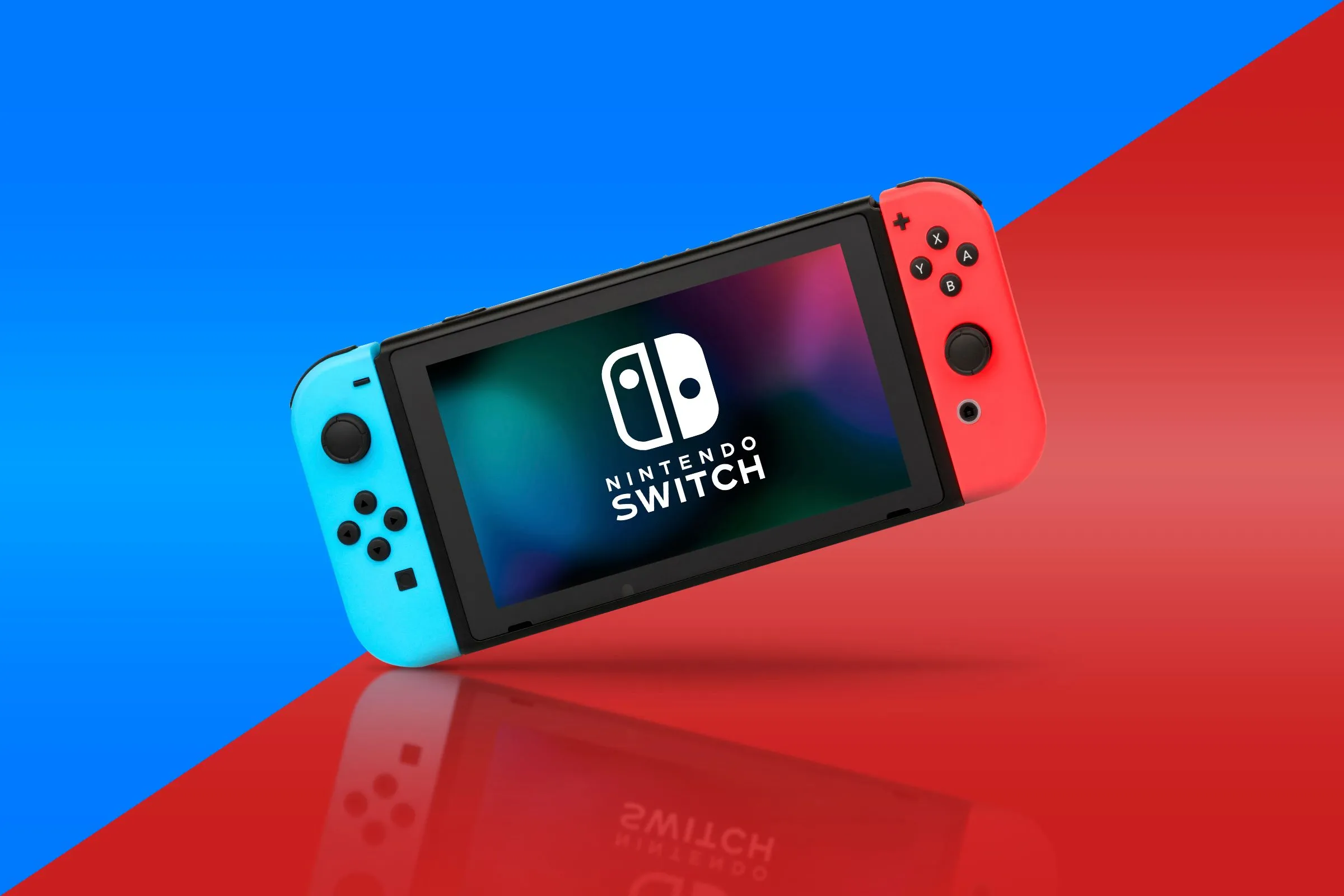 Một chiếc Nintendo Switch với màu nền chia thành xanh lam và xanh lục, phù hợp với màu sắc của Joy-Con