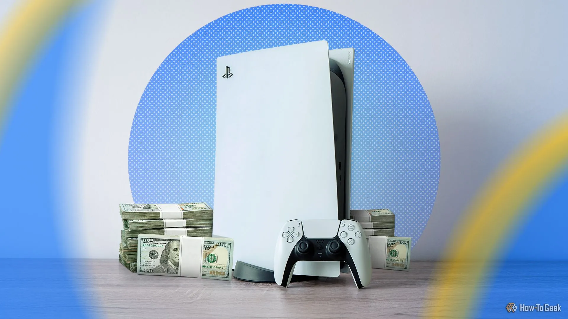 Một chiếc PlayStation 5 và chồng tiền cạnh bên