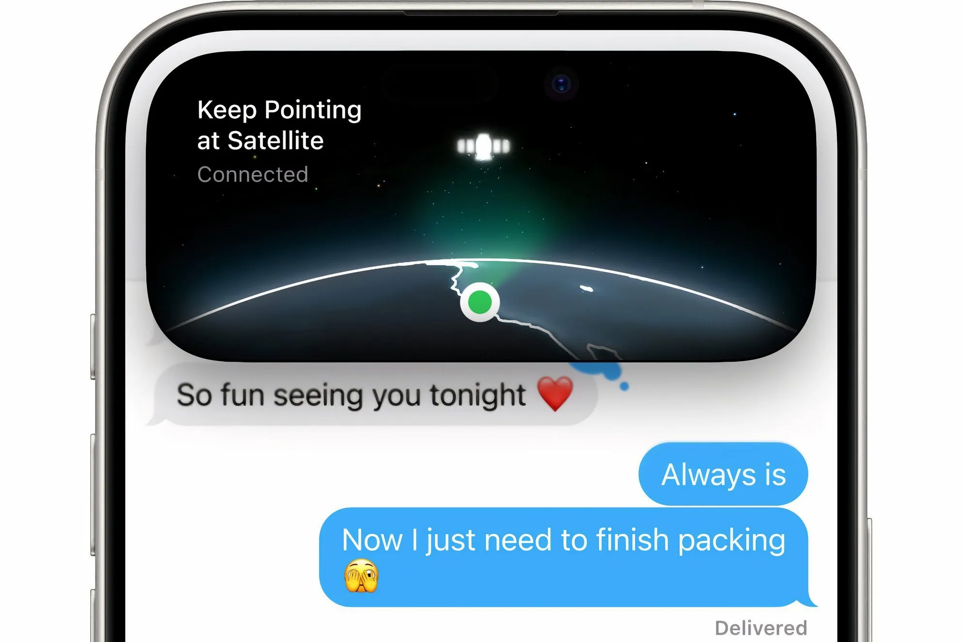 Một cuộc trò chuyện trong ứng dụng tin nhắn trên iPhone, thể hiện kết nối vệ tinh.