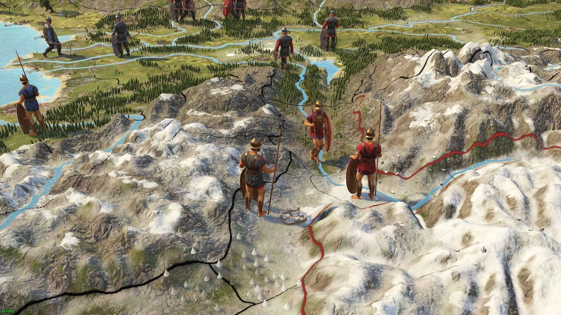 Một đặc vụ đang tiếp cận đặc vụ khác trên đồi trong game chiến thuật lớn Imperator Rome, mô tả yếu tố chính trị và ngoại giao của Đế chế La Mã.