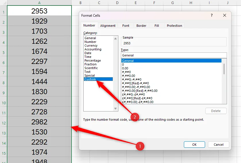 Một dải ô trong cột A của Excel chứa các số được chọn, và định dạng số Custom trong hộp thoại Format Cells được mở