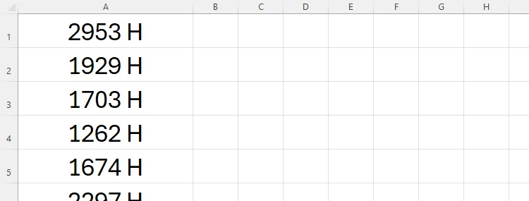 Một danh sách các số trong Excel, mỗi số được theo sau bởi chữ H