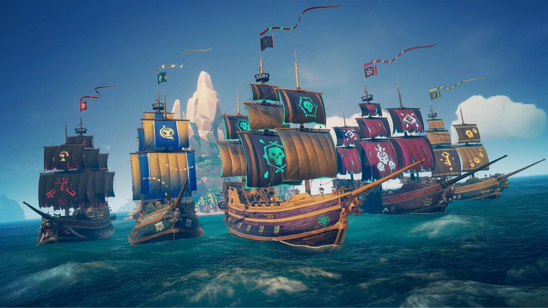 Một đội tàu cướp biển trong Sea of Thieves đang ra khơi rời khỏi đảo hoang.