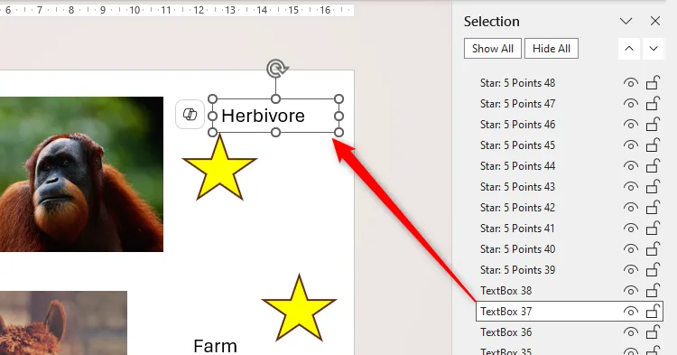 Một đối tượng được chọn trong Bảng Chọn (Selection Pane) của PowerPoint và đối tượng tương ứng trên slide đang hiển thị ở trạng thái hoạt động, cho thấy mối liên kết giữa bảng điều khiển và nội dung trình chiếu.