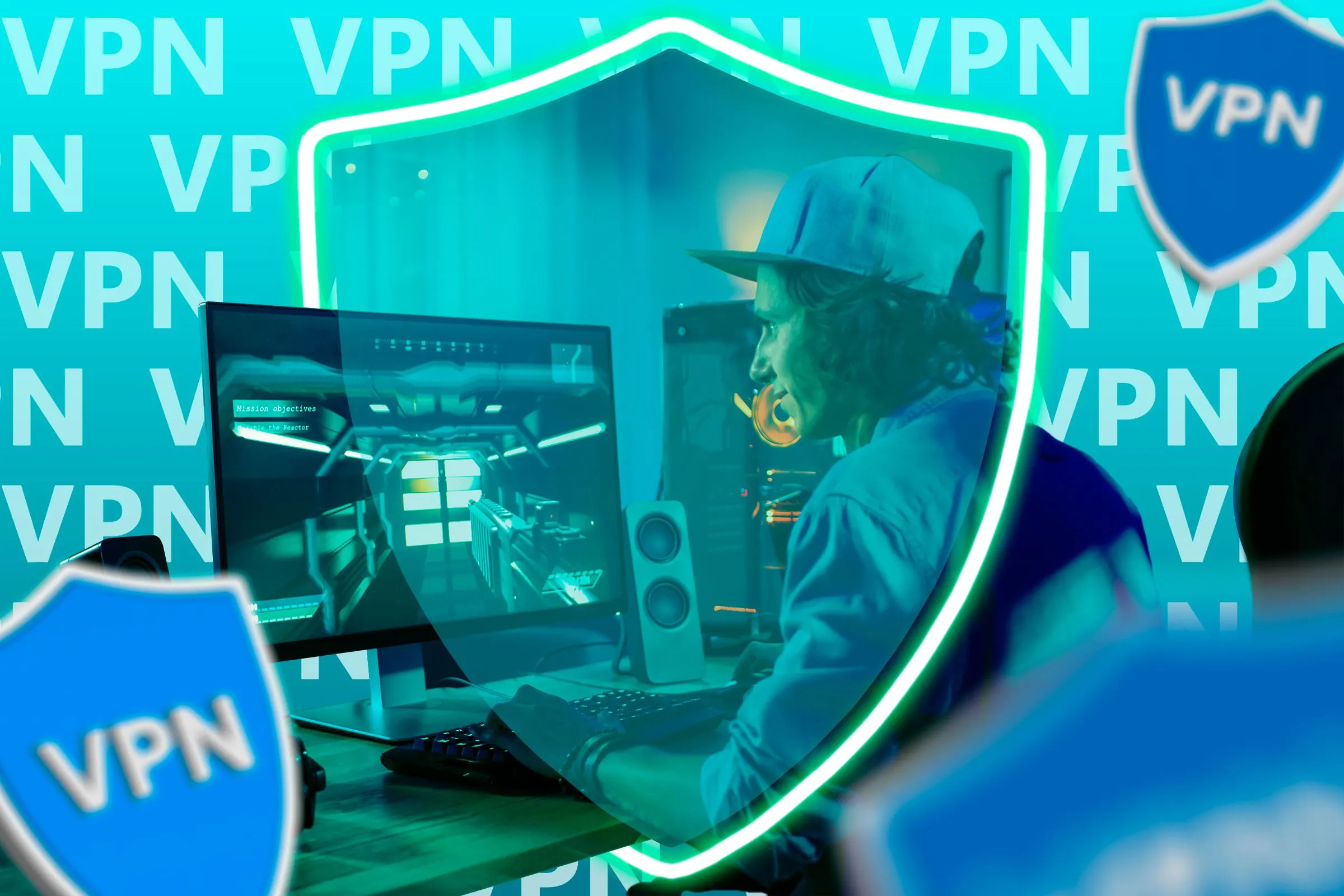 Một game thủ đang chơi trên máy tính với các lá chắn VPN xung quanh, thể hiện lớp bảo mật bổ sung mà VPN mang lại cho lưu lượng truy cập internet.