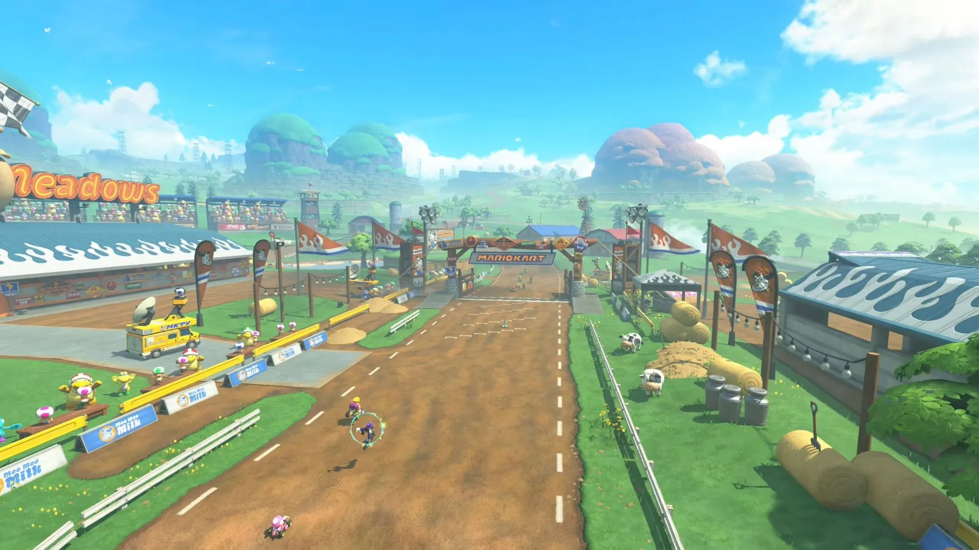Một góc nhìn trên cao của đường đua rực rỡ trong Mario Kart World