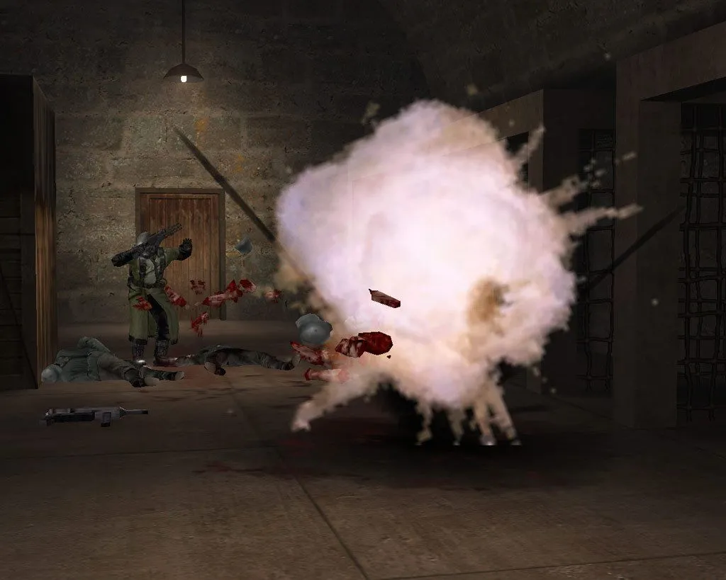 Một hình ảnh báo chí từ Return to Castle Wolfenstein, thể hiện đồ họa và không khí game