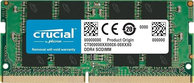 Một hộp đựng thanh RAM Crucial 16GB DDR4, 3200MHz CL22 SODIMM, với hình ảnh thanh RAM bên trong, nổi bật nhãn hiệu Crucial.