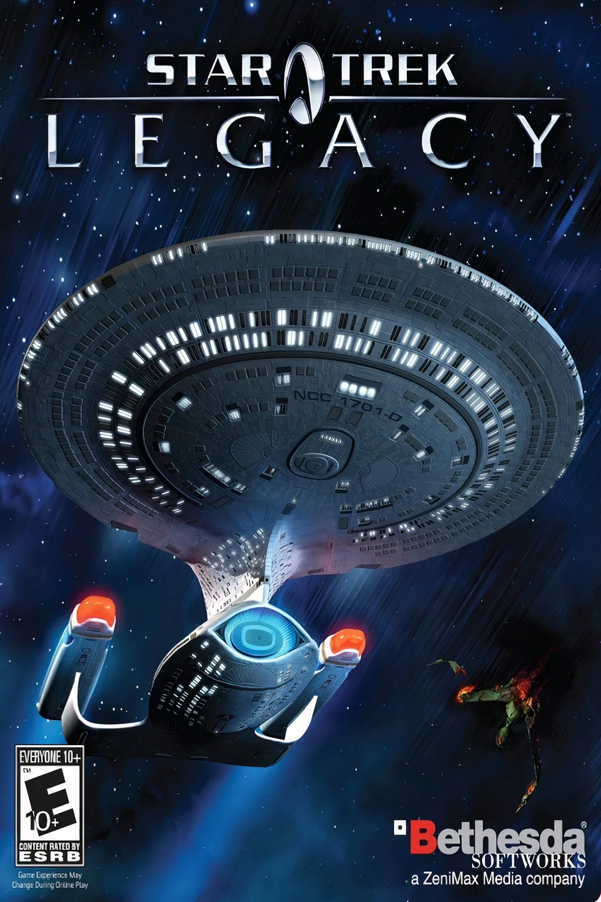 Một khoảnh khắc chiến đấu không gian trong game Star Trek: Legacy, với nhiều phi thuyền Starfleet và hiệu ứng tấn công kỹ thuật số.