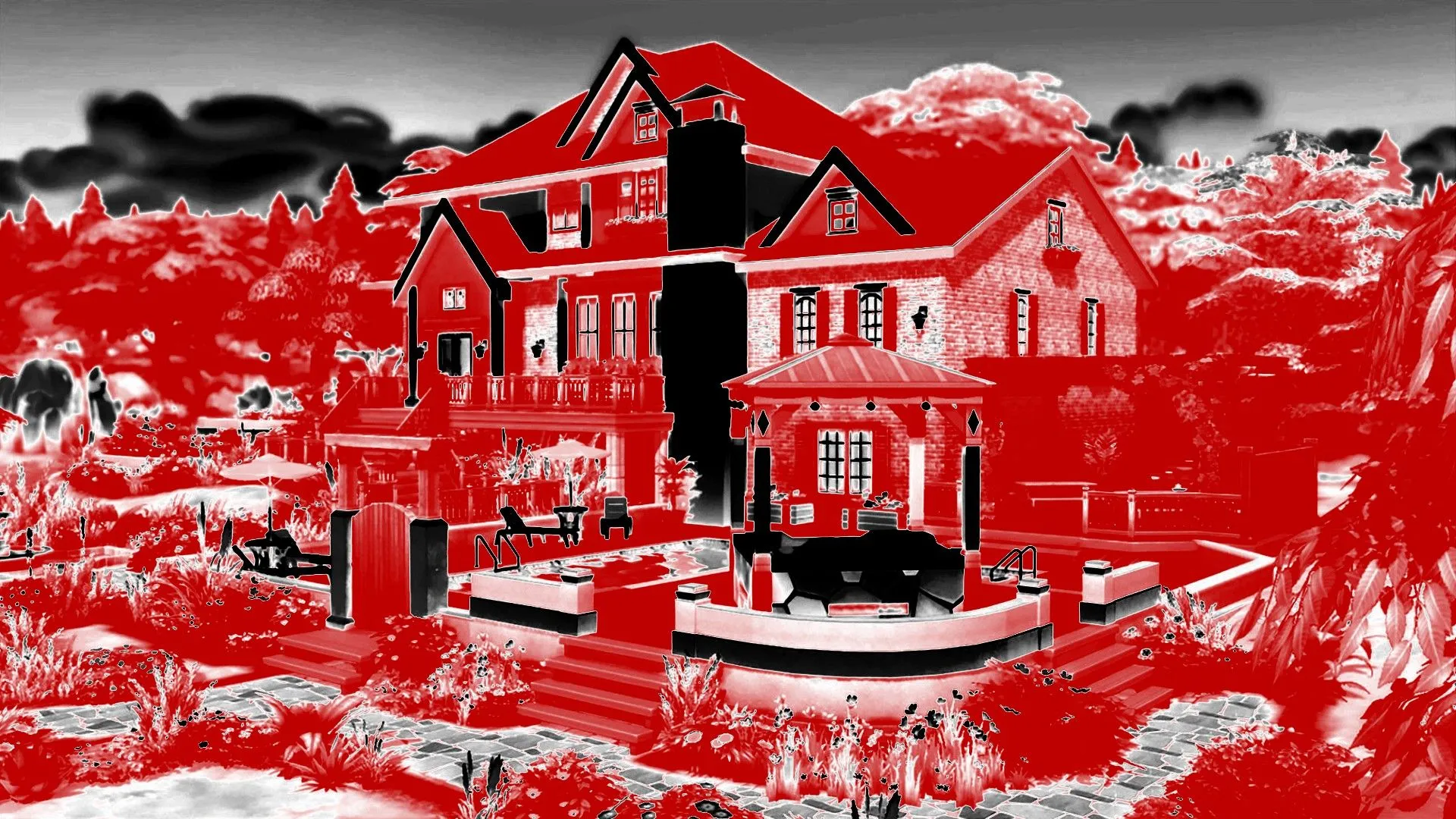 Một khu đất rộng lớn được tô màu đỏ, trắng và đen, tạo cảm giác u ám trong The Sims 4