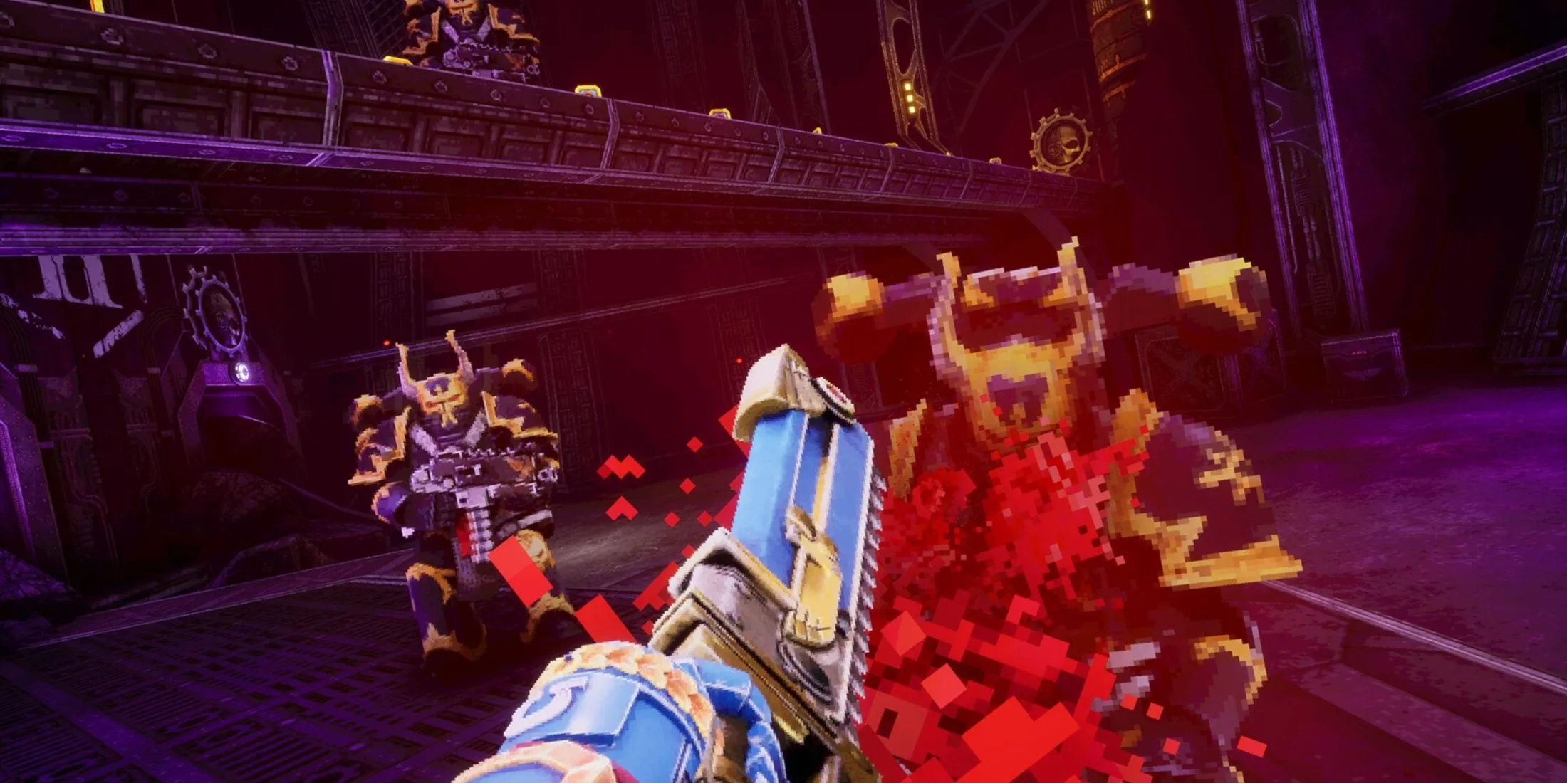 Một khung cảnh khác trong Warhammer 40,000: Boltgun, nhấn mạnh môi trường chiến đấu khắc nghiệt và tầm quan trọng của tốc độ gõ