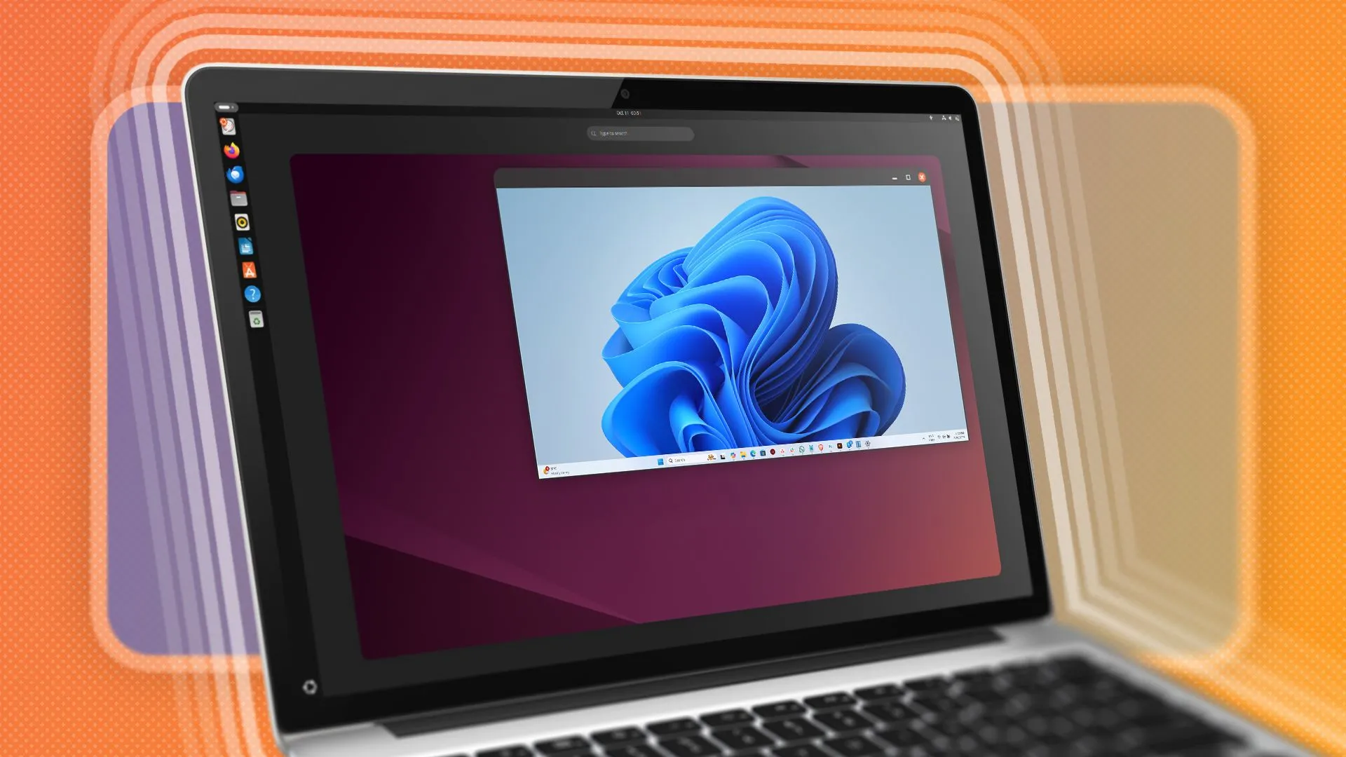 Một laptop với hệ điều hành Ubuntu đang chạy Windows bên trong dưới dạng máy ảo.