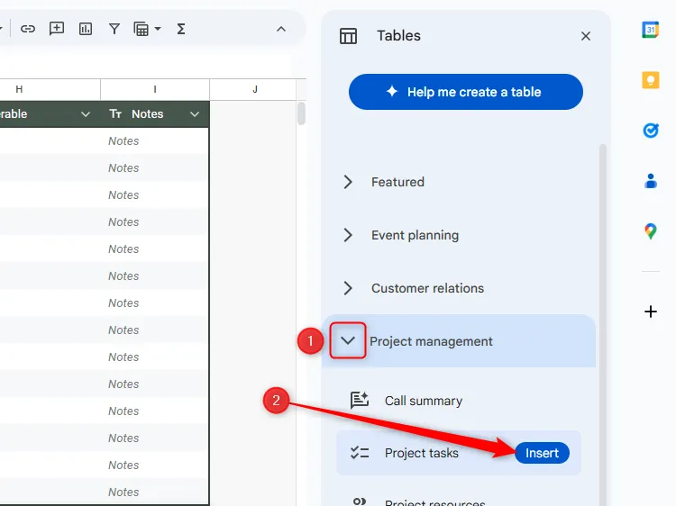 Một mẫu bảng quản lý dự án được chọn trong Google Sheets.