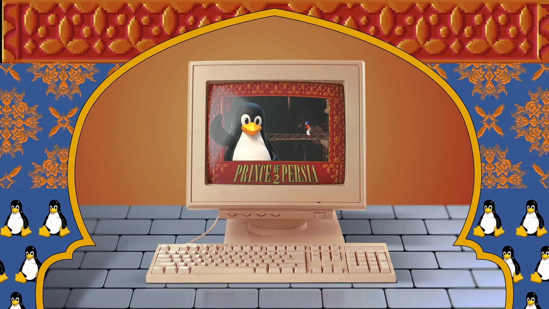 Một máy tính cá nhân cổ điển đang chạy trò chơi Prince of Persia 2, trên màn hình là linh vật của Linux, minh họa game cổ điển và hệ điều hành nguồn mở.