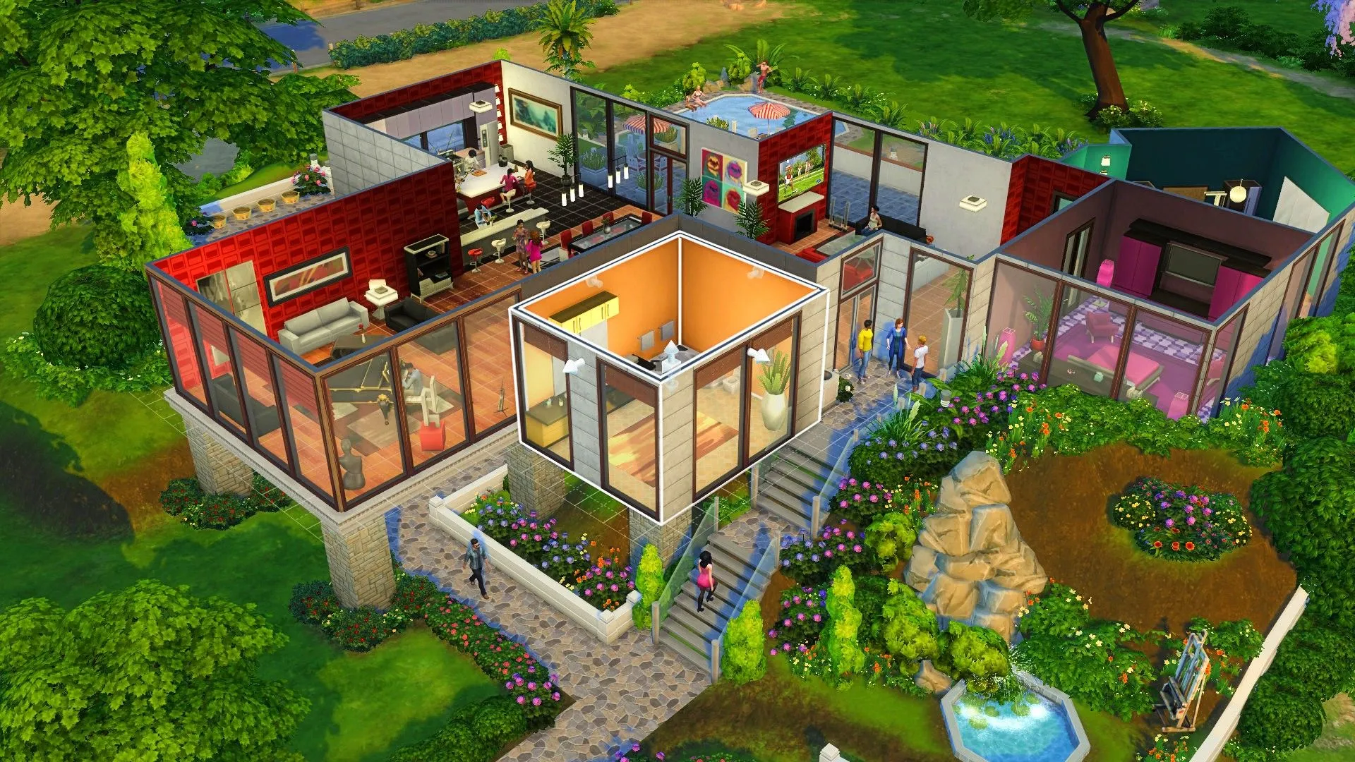 Một ngôi nhà Sims đang được mở rộng trong chế độ xây dựng, minh họa tính năng thiết kế trong game.