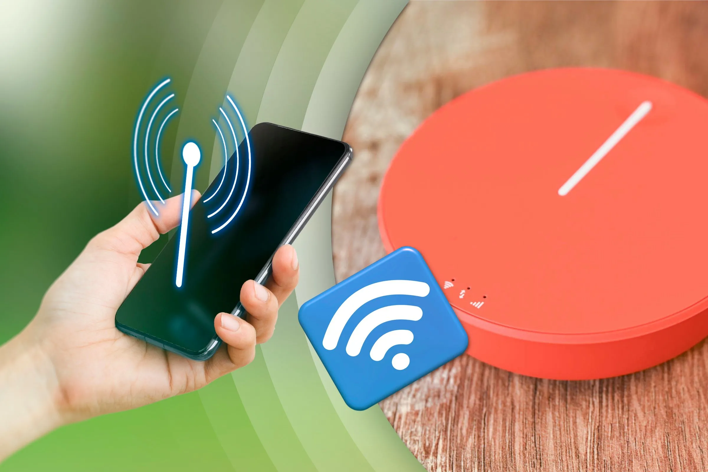 Một người cầm điện thoại có biểu tượng hotspot và bên cạnh là một chiếc điện thoại trên bàn được kết nối với biểu tượng Wi-Fi.