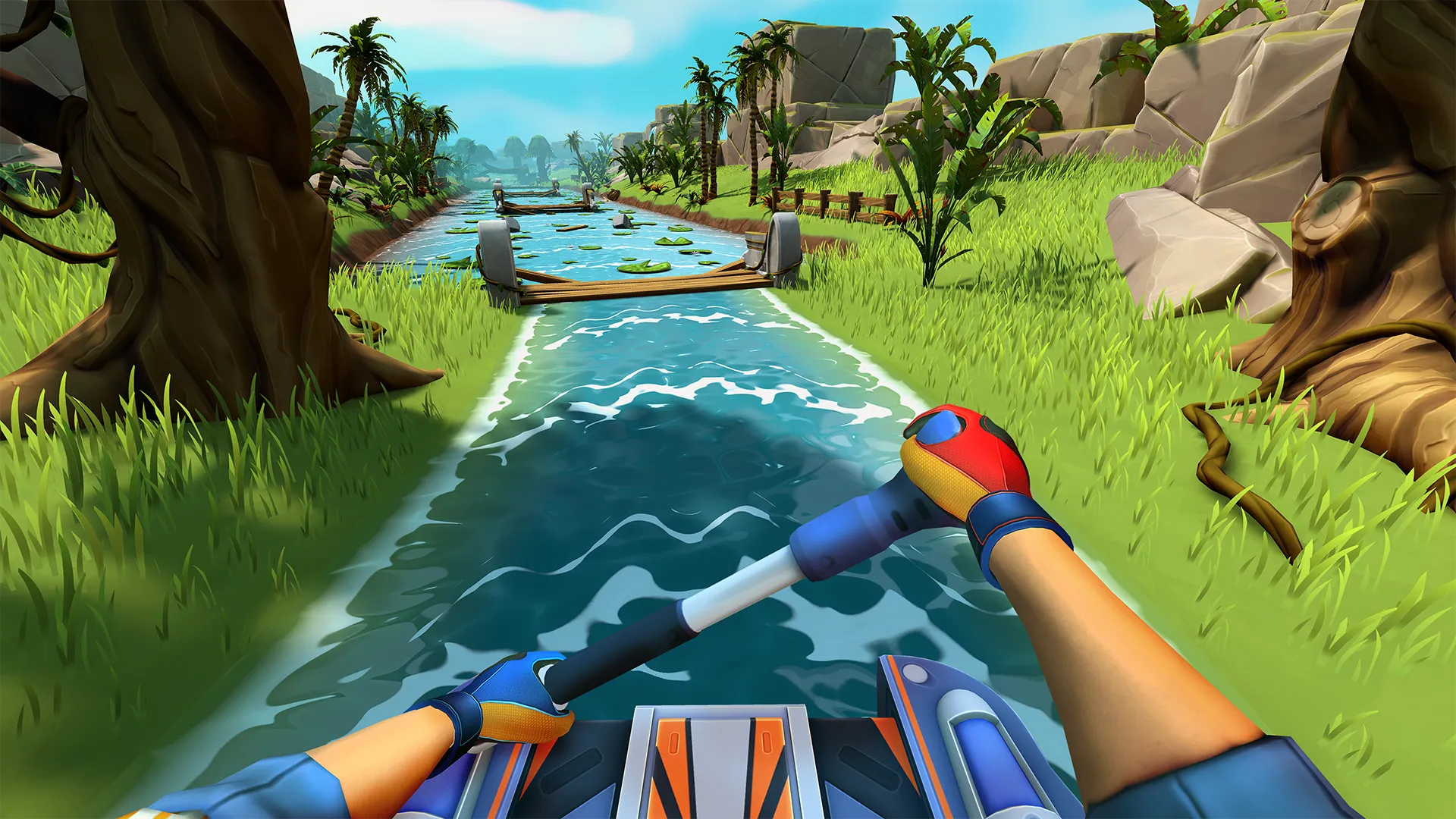 Một người đang chèo thuyền trên sông trong game Fitness Fables, minh họa một tựa game VR chất lượng tập trung vào thể dục và trải nghiệm.