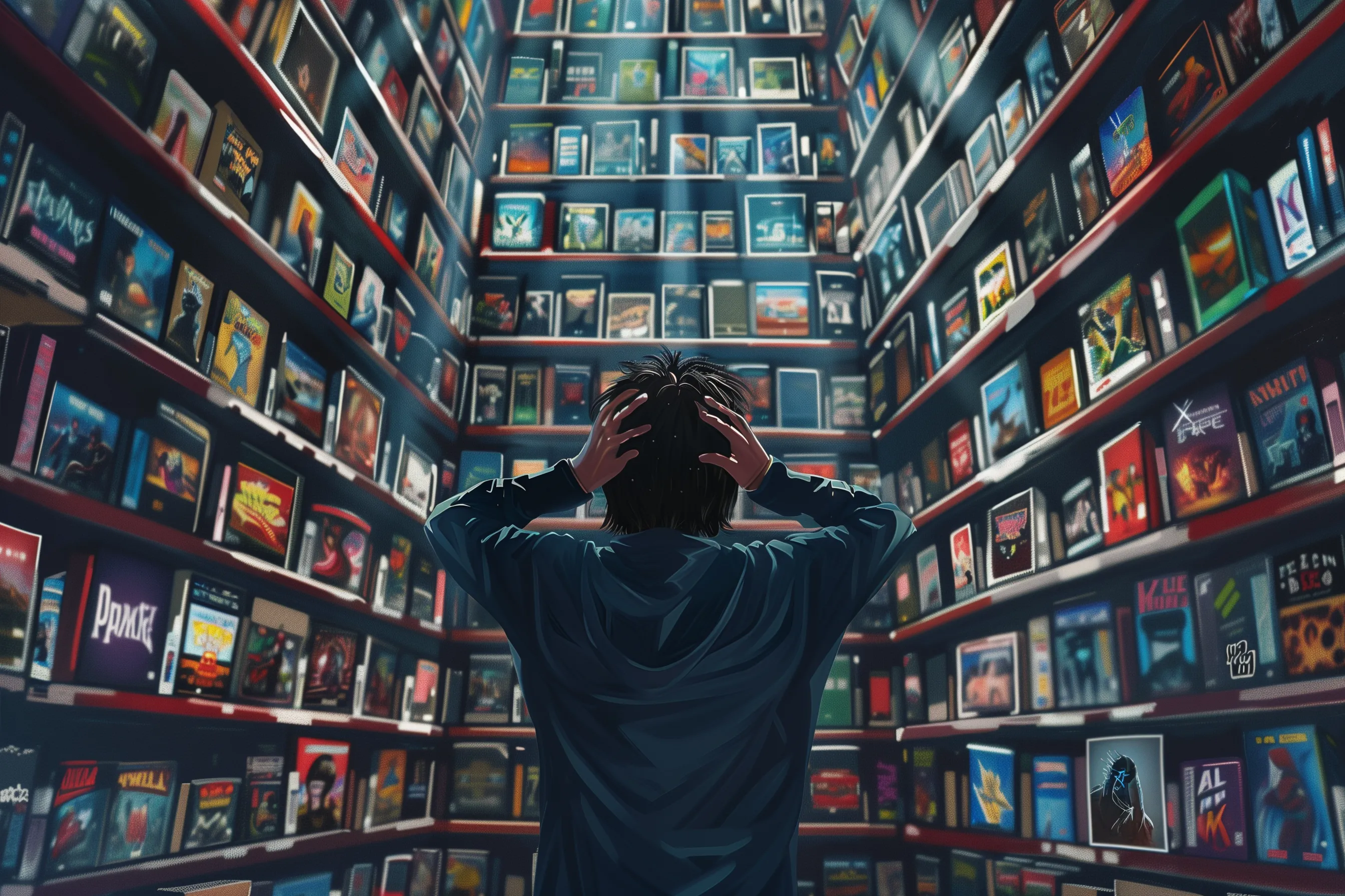 Một người đang nhìn lên kệ sách khổng lồ chứa đầy đĩa game vật lý, bày tỏ sự quá tải với bộ sưu tập game chưa chơi