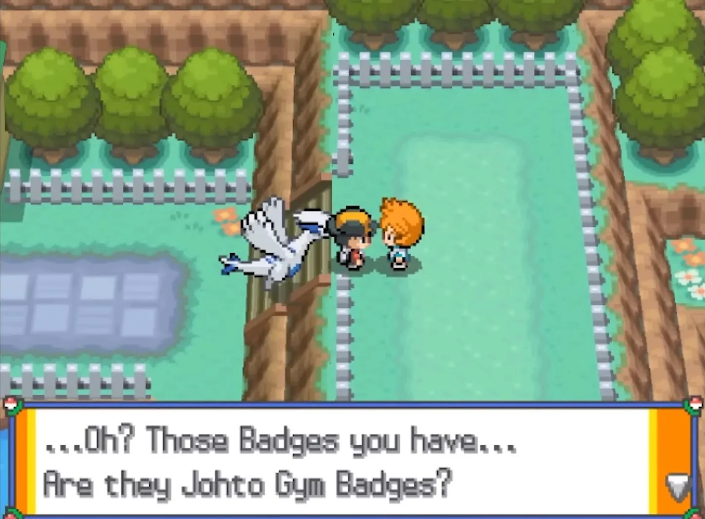 Một người lạ mặt chất vấn người chơi trong Pokémon Storm Silver ROM hack, phiên bản nâng cấp của Gen 2.