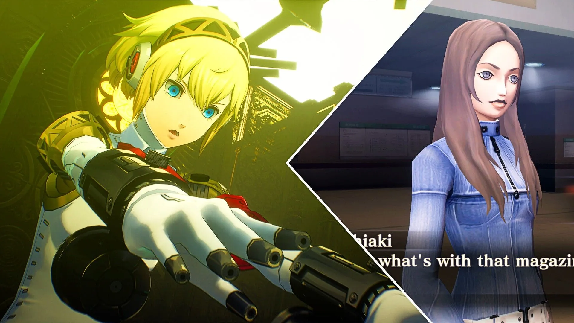 Một nhân vật tóc vàng từ Persona 3 Reload bên cạnh một nhân vật nữ từ Shin Megami Tensei, so sánh hai phong cách game nhập vai.