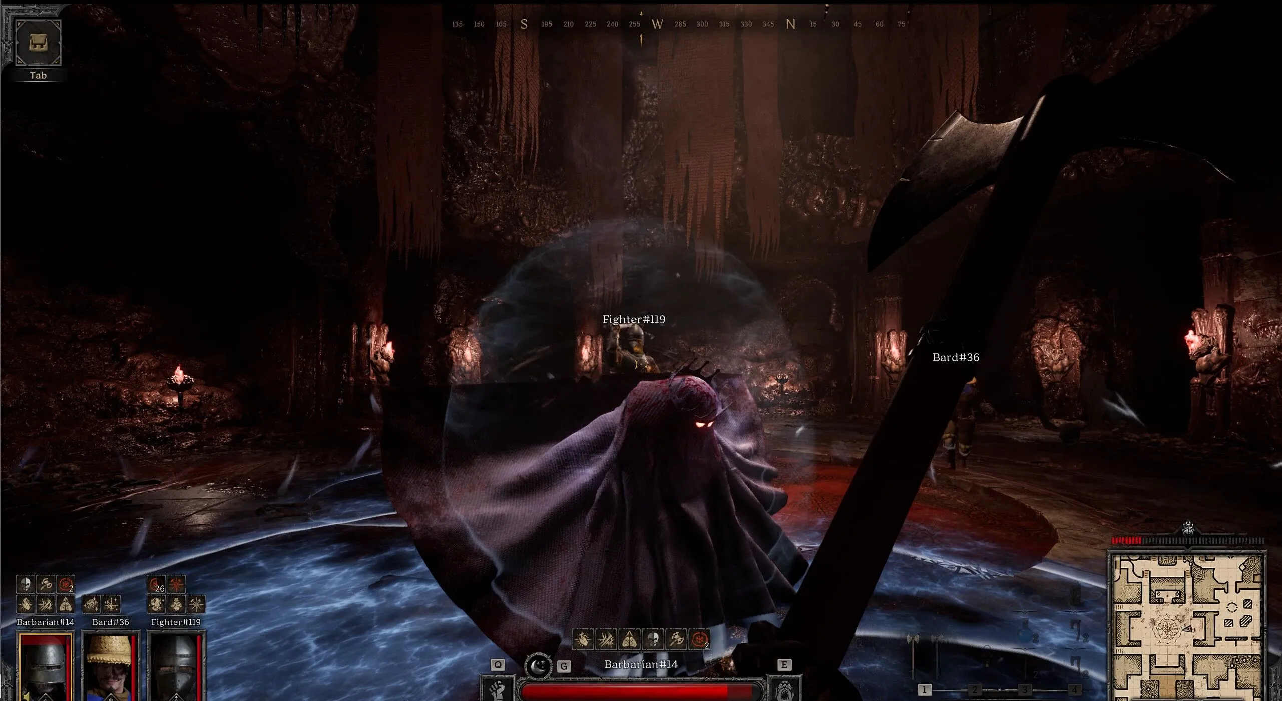 Một nhóm ba người đang thử thách một con boss trong Dark and Darker
