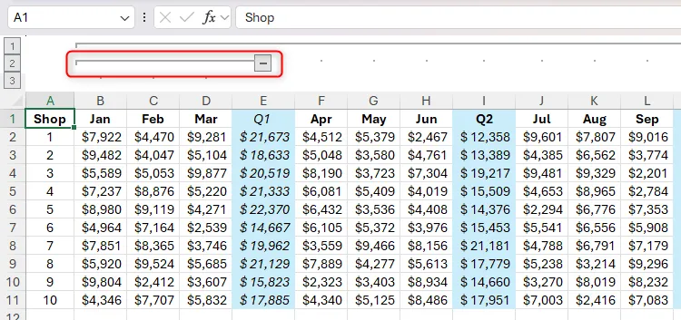 Một nhóm con (subgroup) các cột trong Excel hiển thị đường kẻ và dấu trừ đặc trưng.