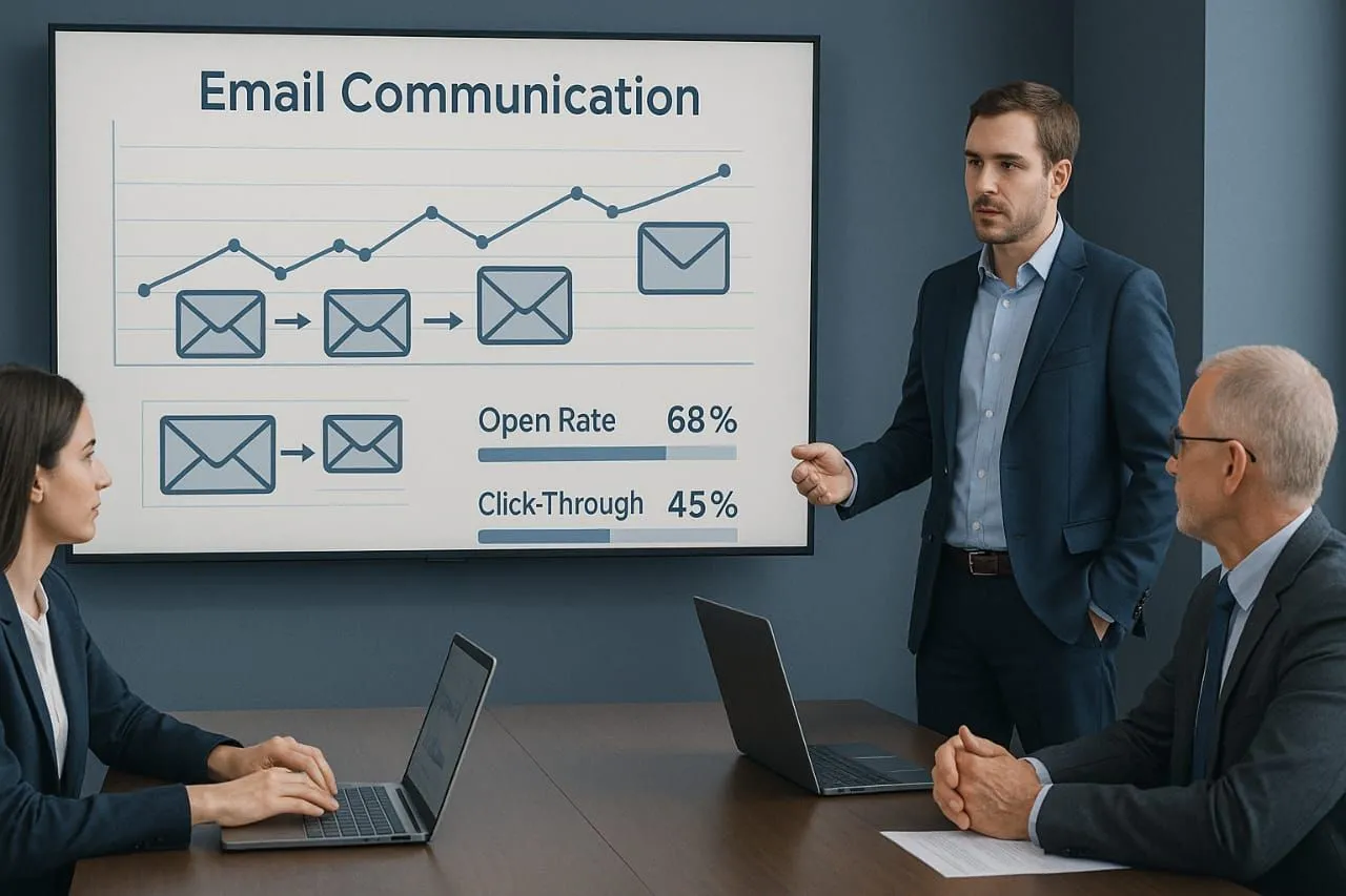 Một nhóm người đang phân tích các chỉ số mở email trong một buổi thuyết trình công ty, minh họa việc theo dõi email marketing.