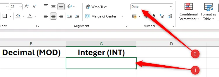 Một ô trong Excel được chọn, và định dạng số 'Short Date' được chọn trong nhóm Number.