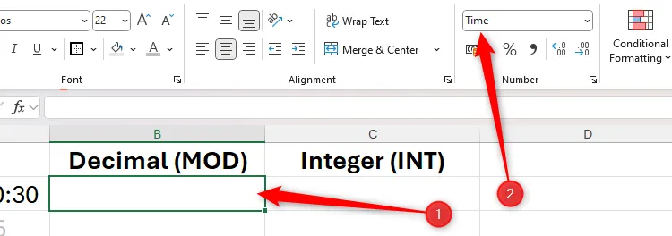 Một ô trong Excel được chọn, và định dạng số 'Time' được chọn trong nhóm Number.
