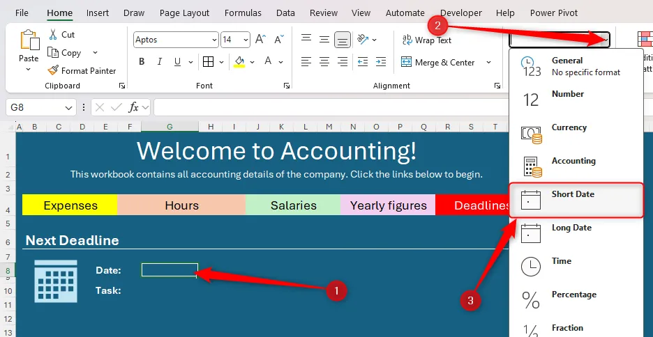 Một ô trong Microsoft Excel được định dạng kiểu ngày ngắn gọn để hiển thị ngày hạn chót.