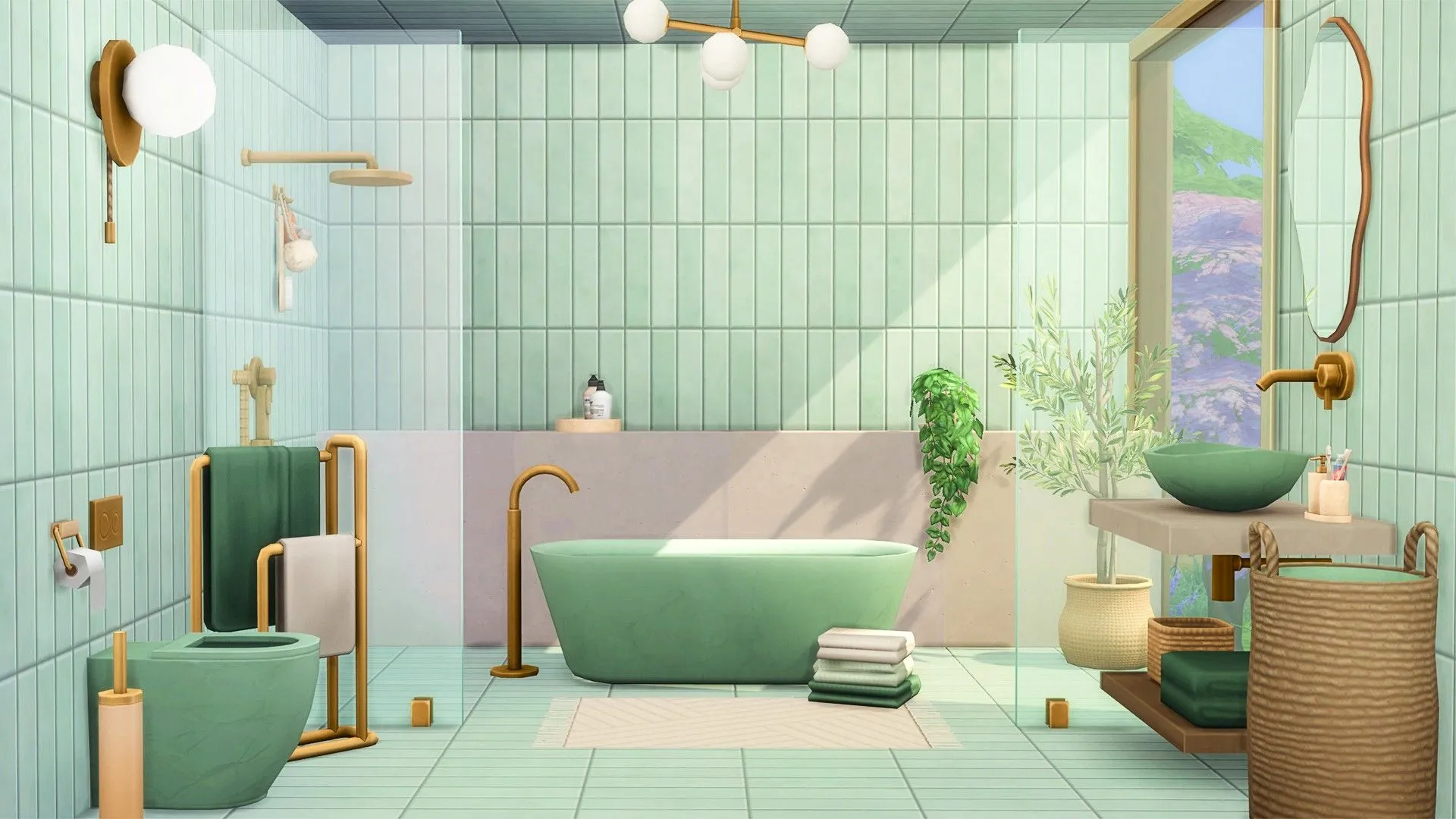 Một phòng tắm màu xanh lá cây với bồn tắm là trung tâm trong The Sims 4