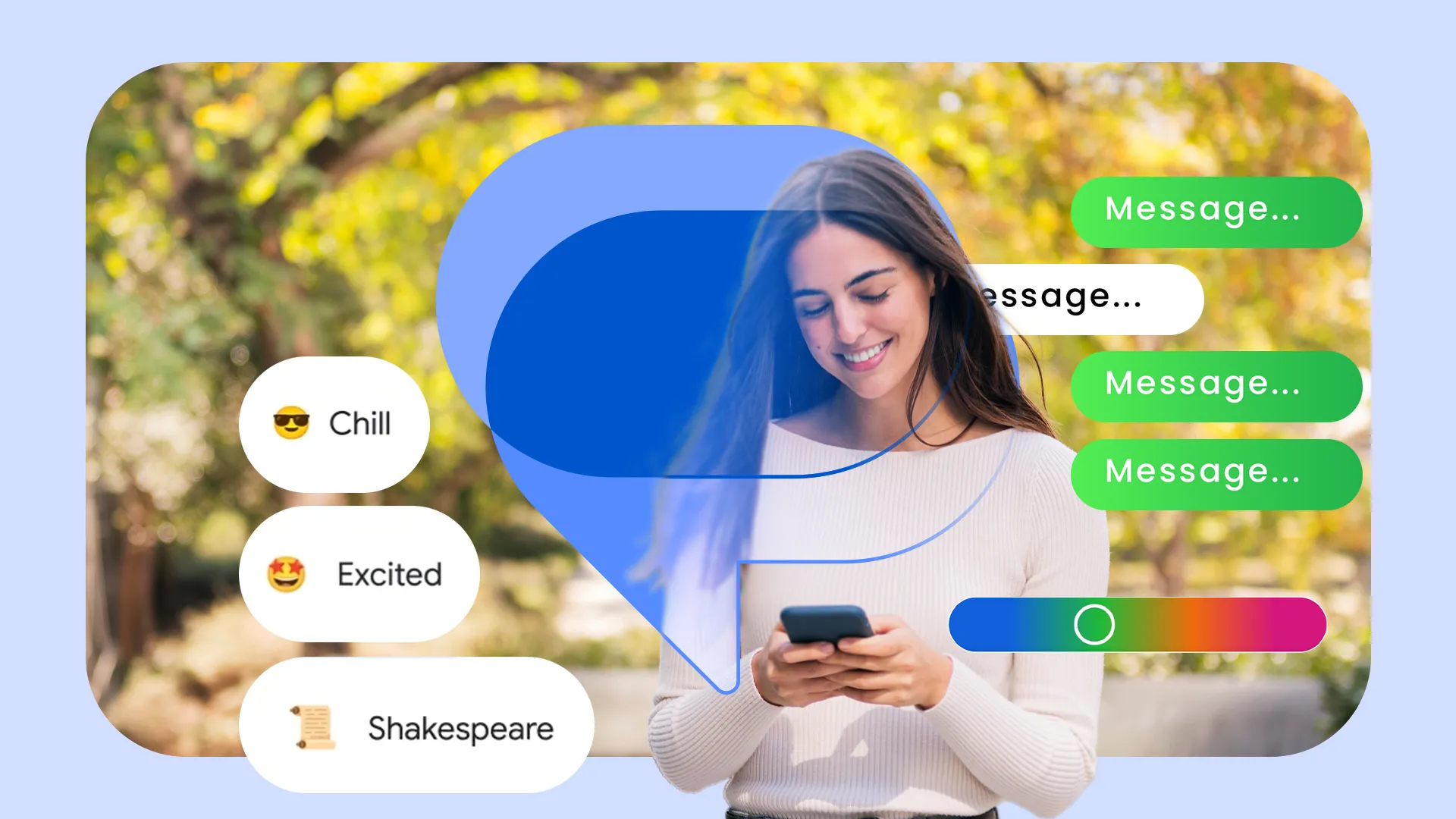 Một phụ nữ đang sử dụng điện thoại Android với ứng dụng Google Messages trên màn hình, tượng trưng cho trải nghiệm cá nhân hóa.