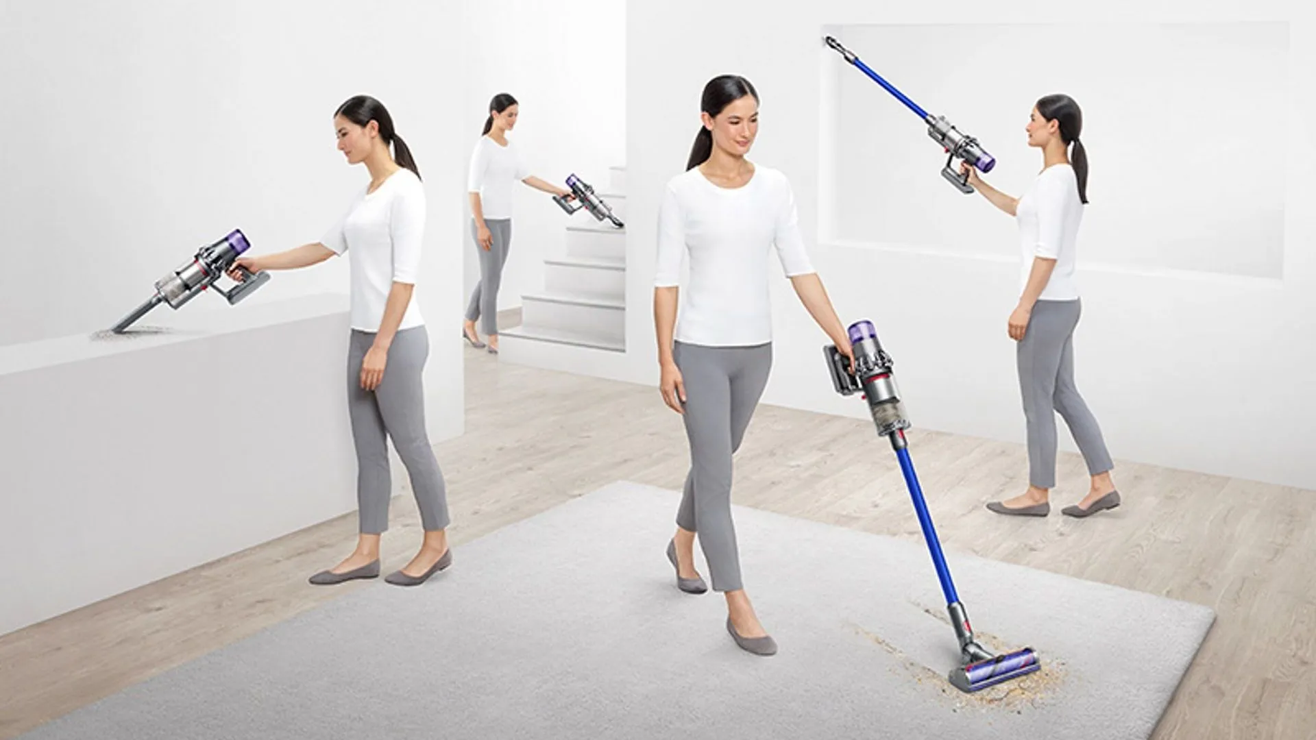 Một phụ nữ đang sử dụng máy hút bụi không dây Dyson V11 trong nhiều tư thế khác nhau.