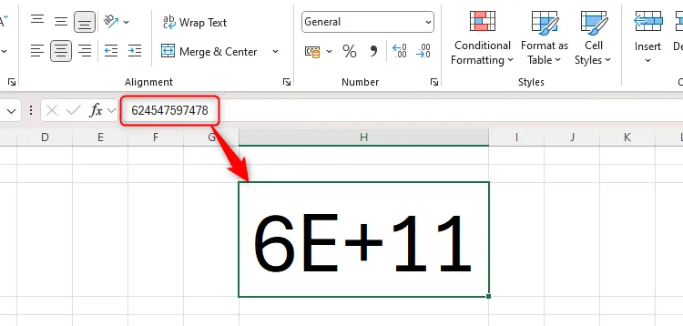Một số dài được chuyển đổi thành ký hiệu lũy thừa trong Excel bằng định dạng General
