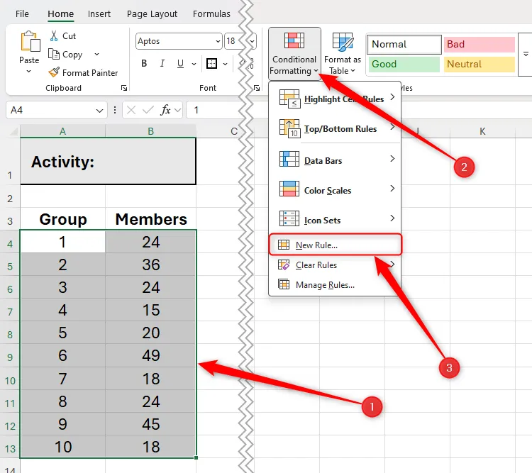 Một số ô trong Excel được chọn, và nút New Rule trong menu Conditional Formatting được chọn.