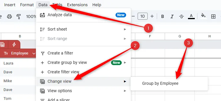 Một tệp Google Sheets với các chế độ xem được hiển thị trong menu &quot;Change View&quot; của tab &quot;Data&quot; trên thanh công cụ.