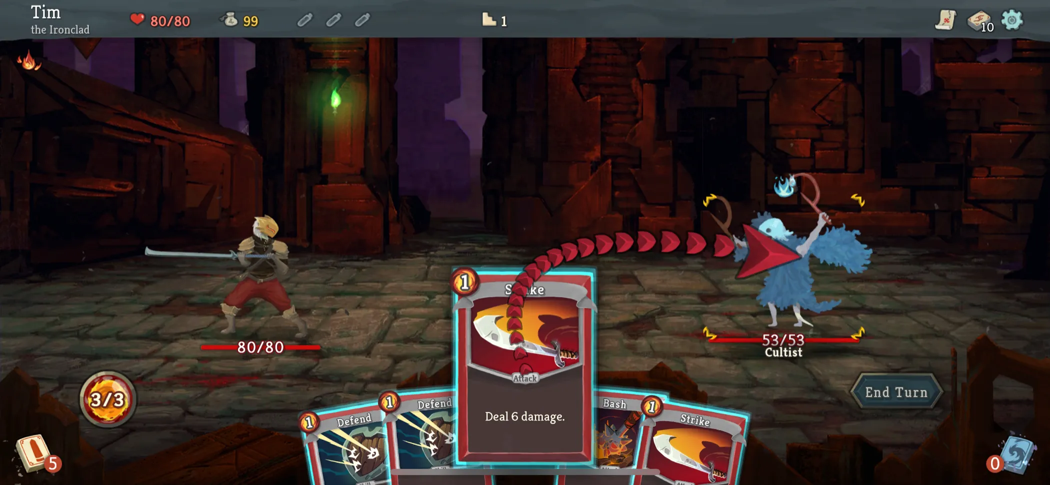 Một thẻ bài gây sát thương đang được sử dụng trong Slay the Spire+ trên Apple Arcade, minh họa lối chơi chiến thuật thẻ bài của tựa game.