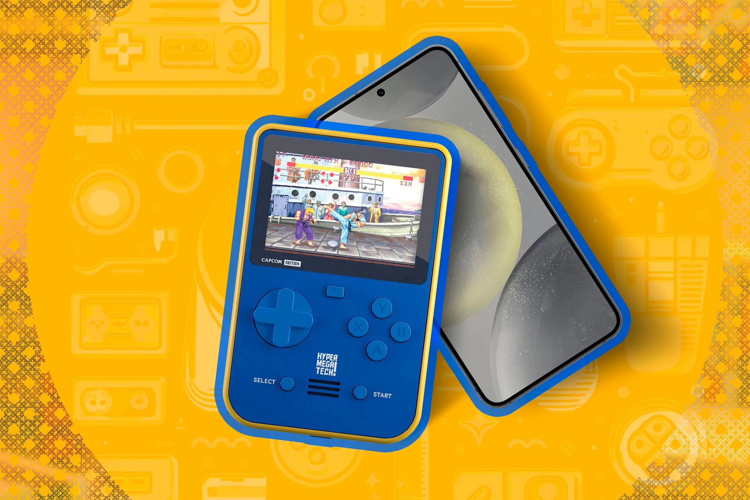 Một thiết bị chơi game retro cầm tay đặt bên cạnh điện thoại thông minh, minh họa sự lựa chọn giữa hai loại thiết bị này.
