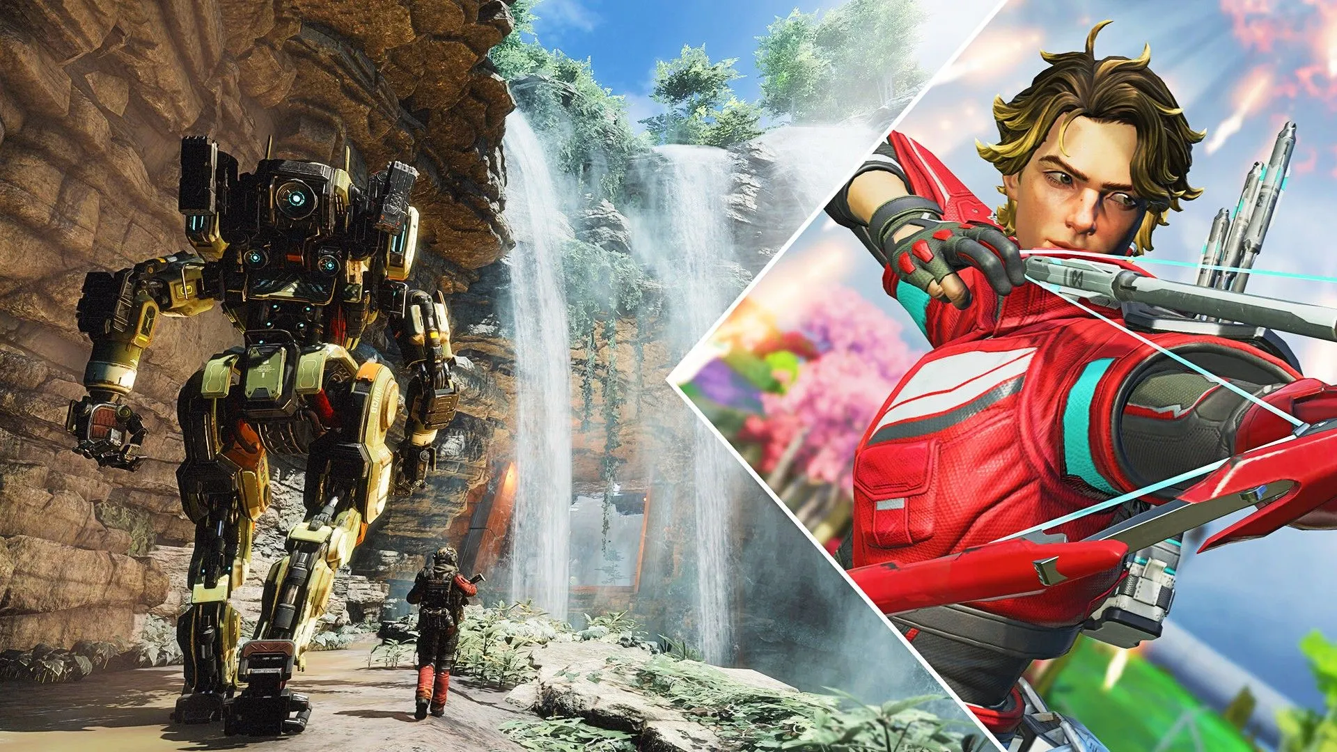 Một Titan và một người lính đang đi trên con đường từ Titanfall 2, bên cạnh một nhân vật bắn cung từ Apex Legends, thể hiện sự liên kết giữa hai series game bắn súng.