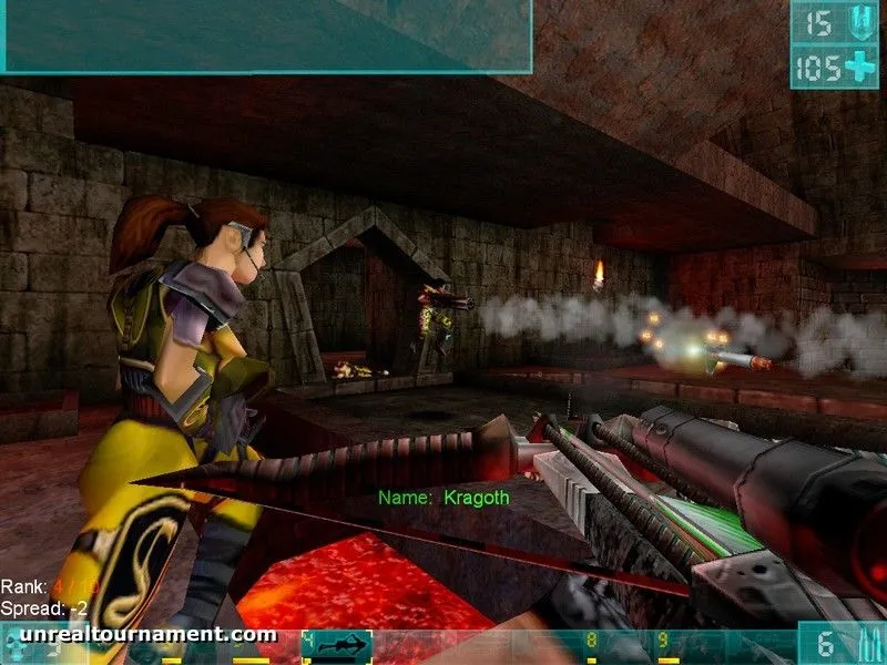 Một trận đấu súng hỗn loạn trong Unreal Tournament, với nhiều người chơi và hiệu ứng vũ khí