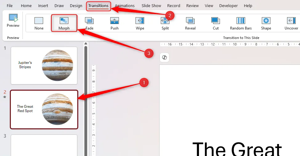 Một trang chiếu được chọn trong PowerPoint, nút 'Morph' (Biến hình) trong thẻ Transitions (Chuyển tiếp) được nhấn để hoàn tất hiệu ứng cho mô hình 3D.