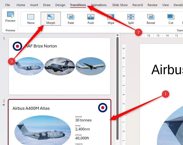 Một trang chiếu được chọn trong PowerPoint và tùy chọn chuyển tiếp 'Morph' (Biến hình) được kích hoạt từ thẻ Transitions (Chuyển tiếp).