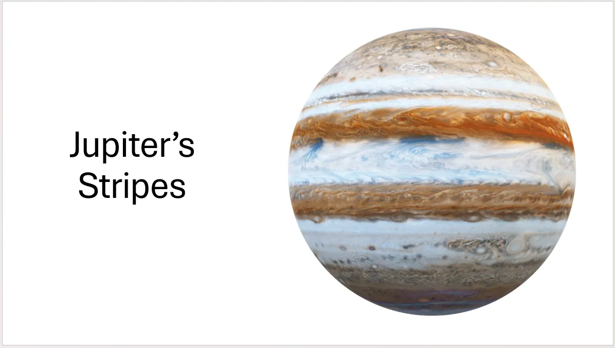 Một trang chiếu PowerPoint với mô hình Sao Mộc và tiêu đề 'Jupiter's Stripes' (Các sọc của Sao Mộc), minh họa cho việc thêm chi tiết vào trang chiếu 3D.