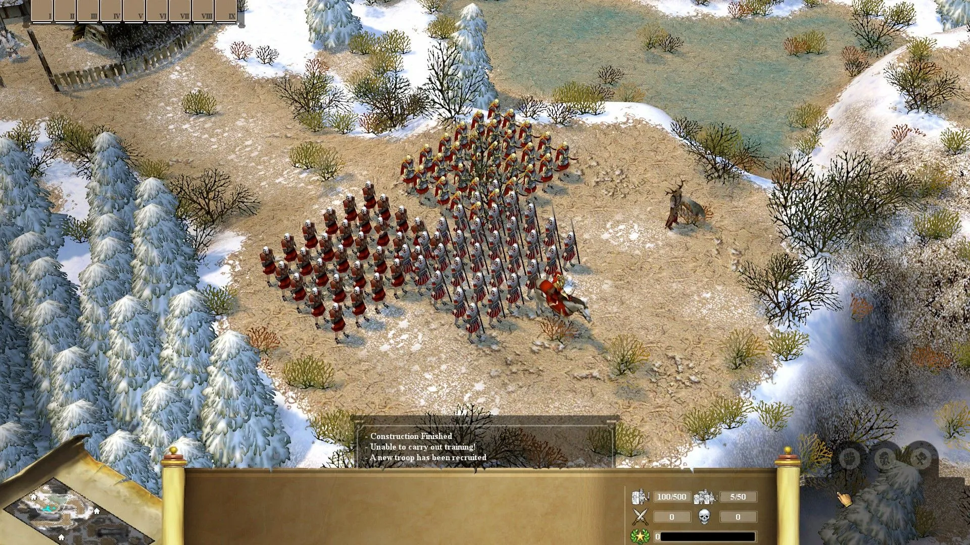 Một trung đội lính La Mã trong đội hình hành quân trên chiến trường của Praetorians, một game chiến thuật thời gian thực kinh điển.