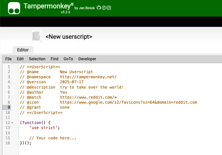 Một userscript mới trong Tampermonkey, với mã JavaScript cơ bản đã được tạo sẵn.