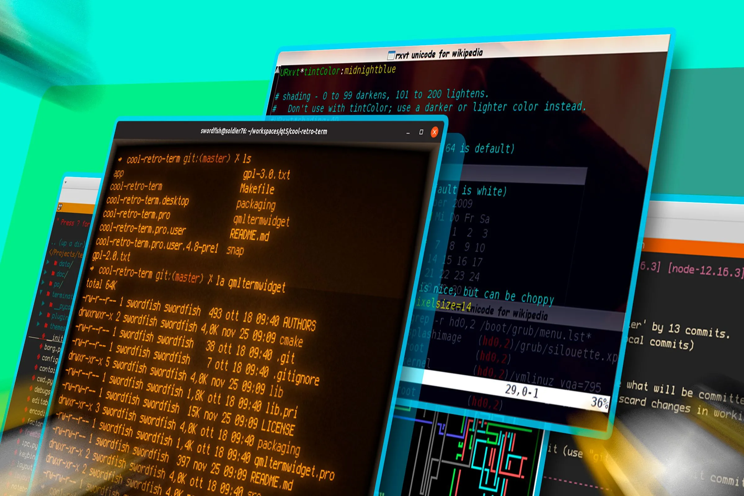 Một vài cửa sổ terminal trên Linux với nhiều dòng lệnh.