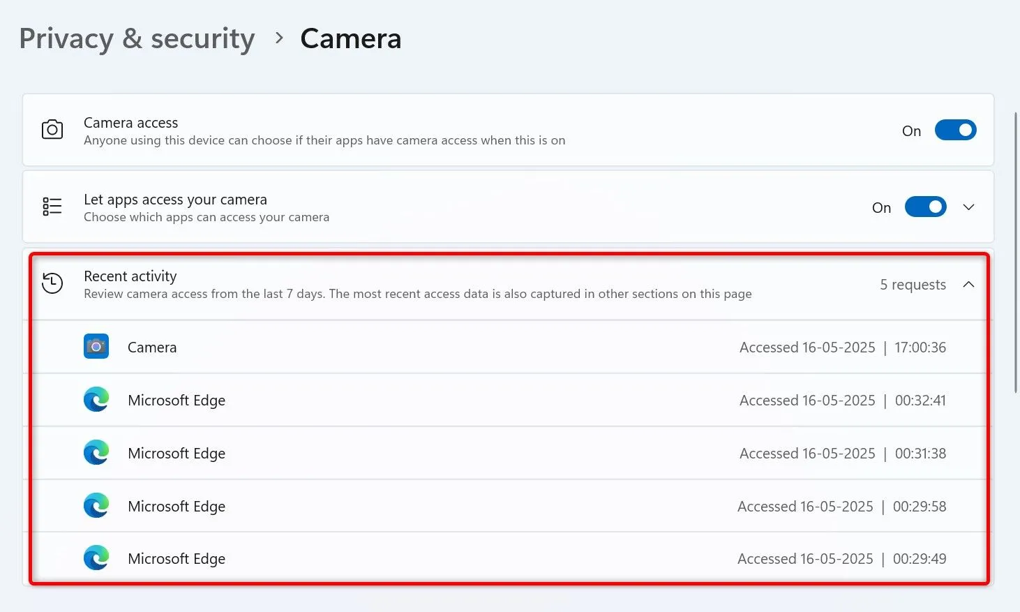 Mục Hoạt động gần đây (Recent Activity) trong cài đặt Camera của Windows 11, hiển thị danh sách các ứng dụng đã truy cập camera gần đây kèm thời gian.