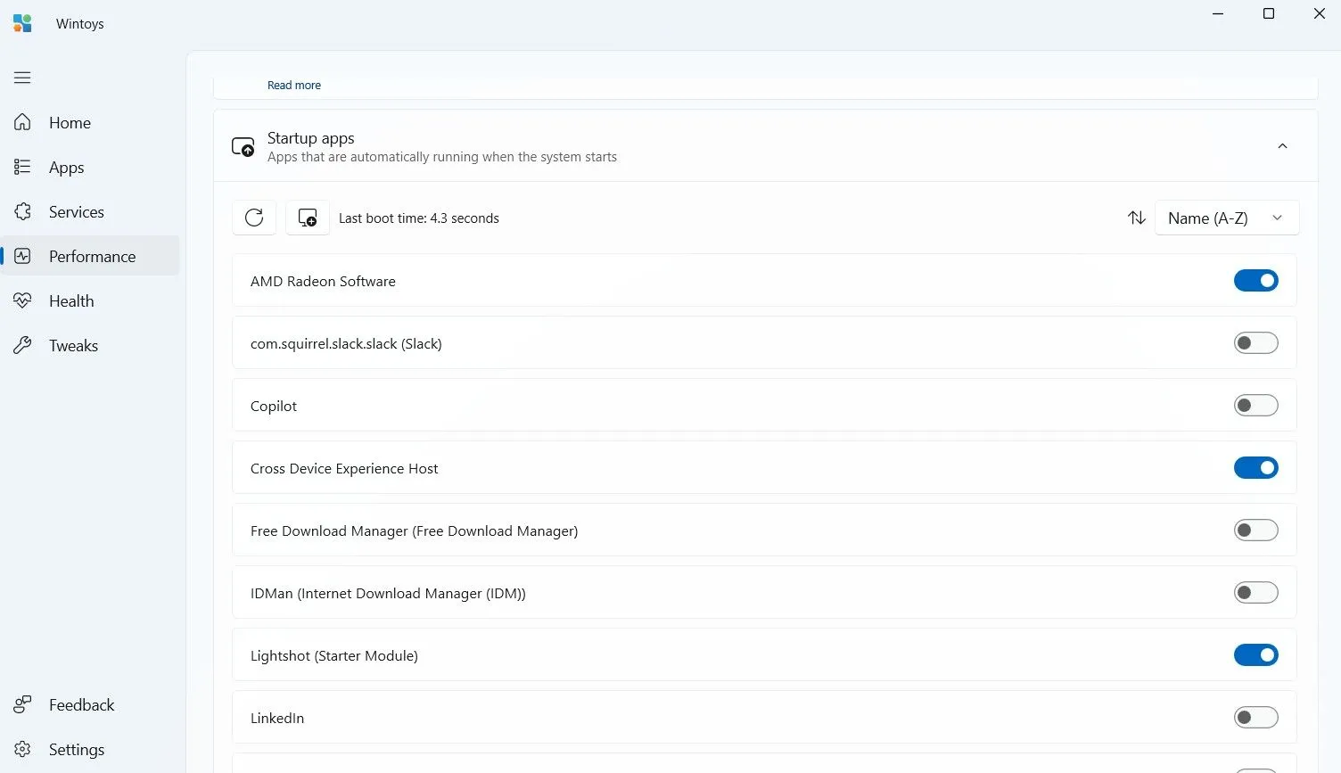Mục Startup apps (Ứng dụng khởi động) của Wintoys cho phép bật/tắt ứng dụng tự chạy khi Windows khởi động.