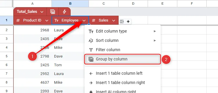 Mũi tên xuống của một tiêu đề cột trong bảng Google Sheets được nhấp, và &quot;Group By Column&quot; được chọn.